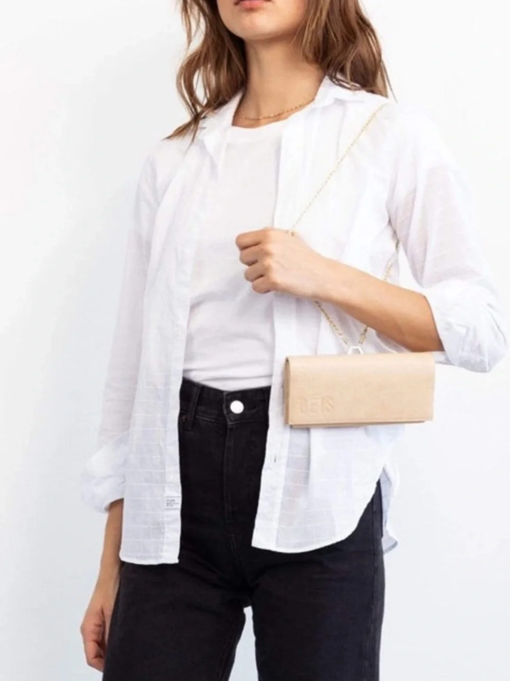 BEIS Beige sunglasses case with gold chain strap